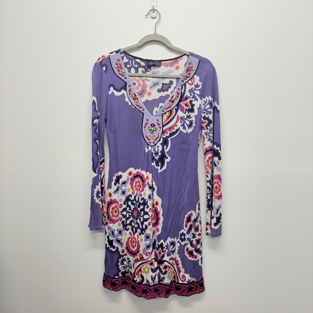 Hale Bob Purple Silk Paisley Beaded Neckline Long Sleeve Mini Dress Size Medium
